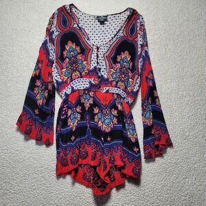 Angie Womens XL Boho Paisley Medallion Romper Red Blue Bell Sleeve V-Neck Rayon